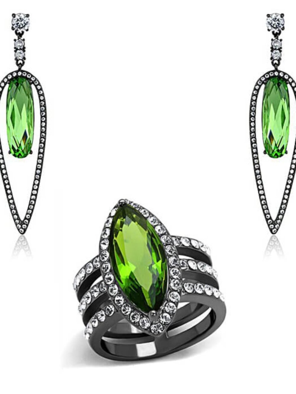 Stainless Steel IP Black Crystal Peridot Drop Statement Earrings